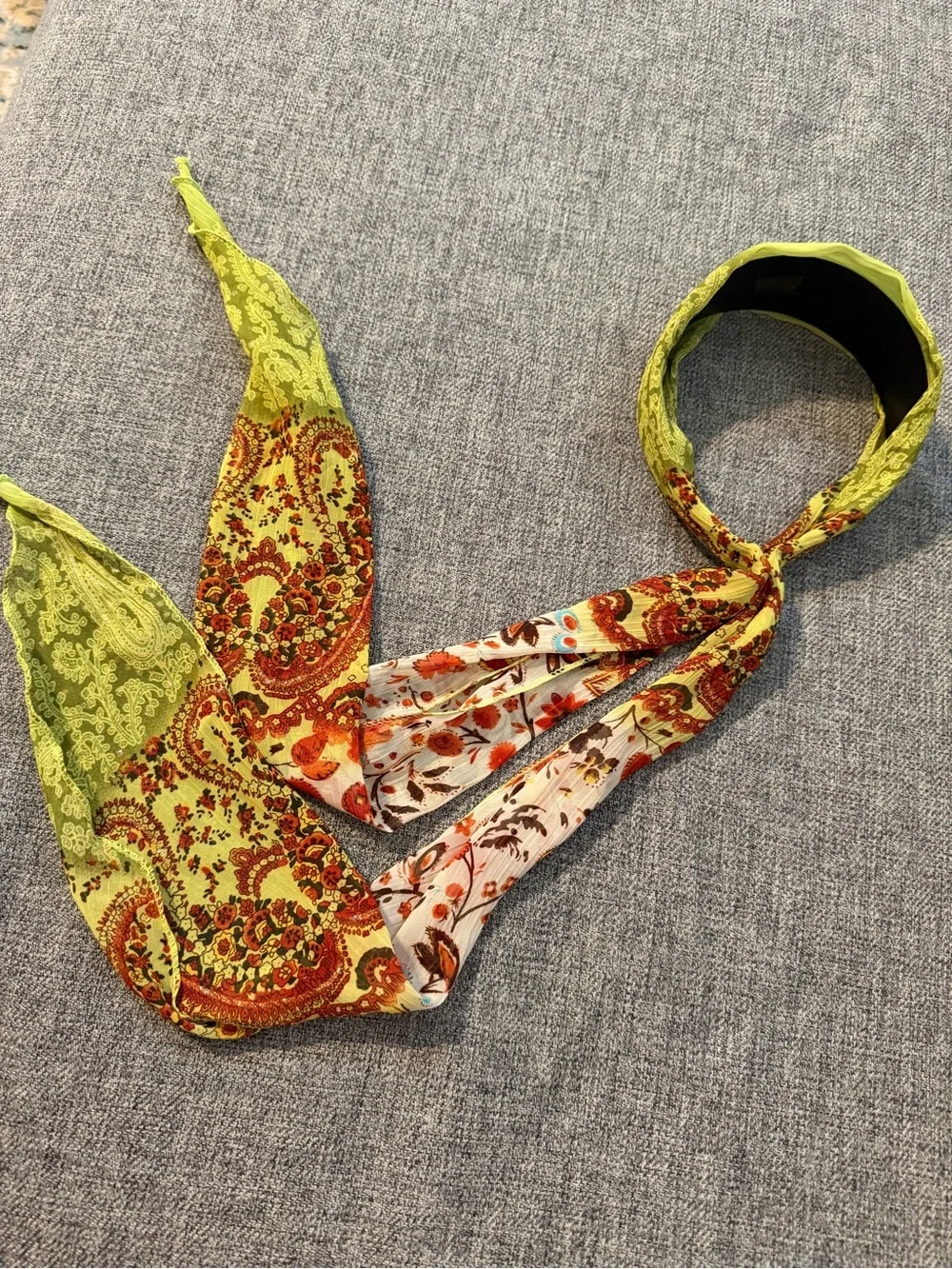 Paisley Print Green/Orange Silk Scarf Headband with shimmering threading